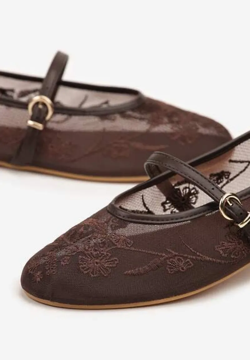 Brązowe Koronkowe Balerinki w Stylu Mary Jane z Haftowanej Siateczki Tilaverra