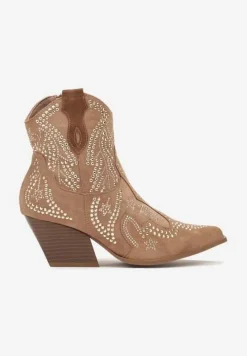 Brązowe Kowbojki Botki z Cyrkoniami na Stożkowym Słupku Mevaela