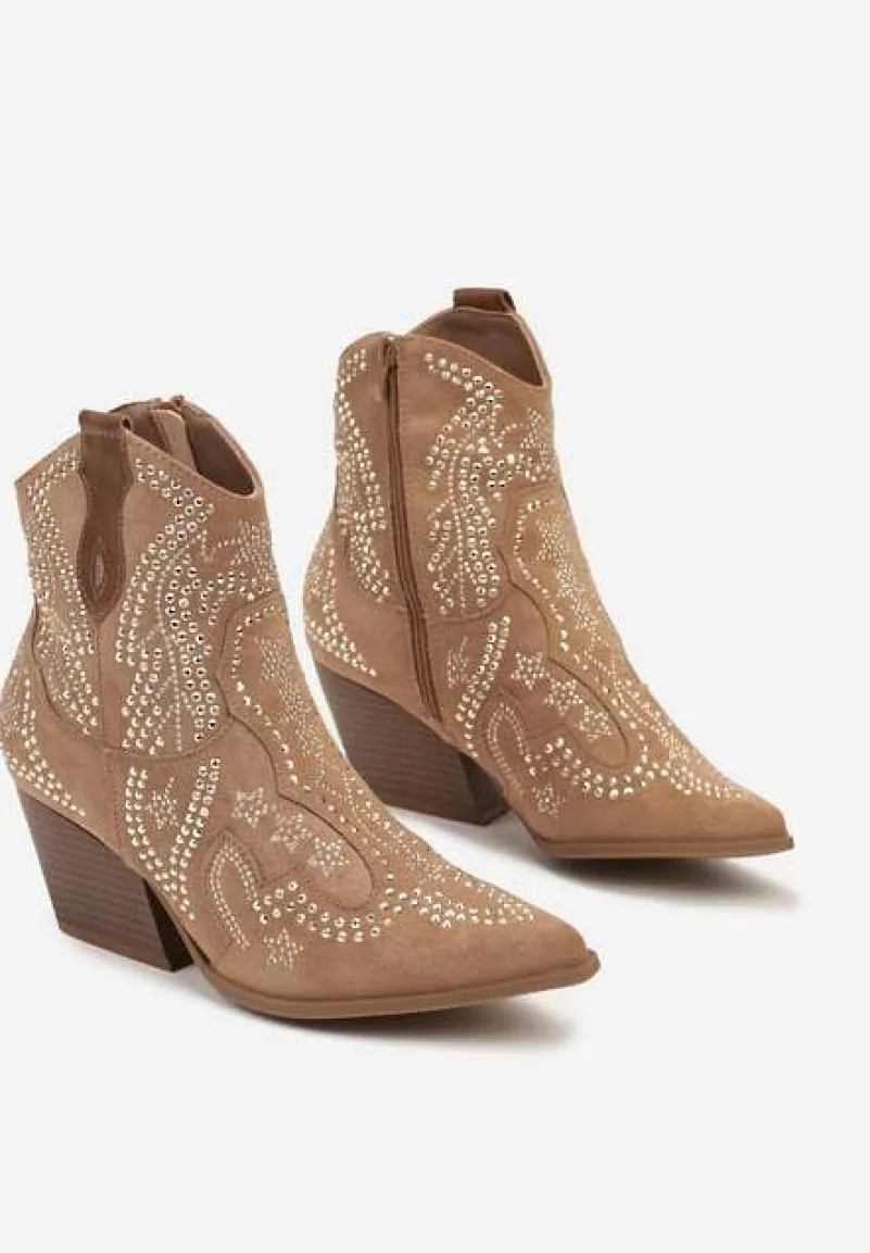 Brązowe Kowbojki Botki z Cyrkoniami na Stożkowym Słupku Mevaela
