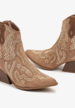 Brązowe Kowbojki Botki z Cyrkoniami na Stożkowym Słupku Mevaela
