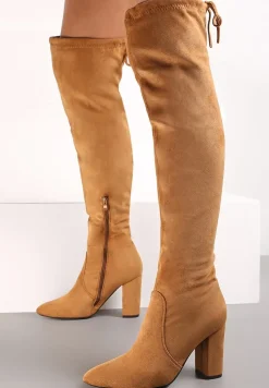 Brązowe Kozaki ze Szpiczastym Noskiem za Kolano na Słupku Teth