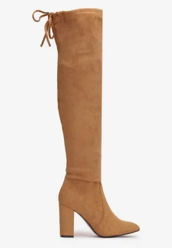 Brązowe Kozaki ze Szpiczastym Noskiem za Kolano na Słupku Teth