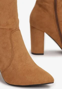 Brązowe Kozaki ze Szpiczastym Noskiem za Kolano na Słupku Teth