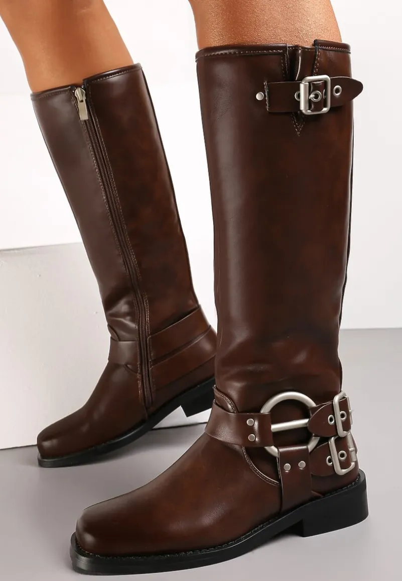 Brązowe Kozaki Biker z Kwadratowym Noskiem i Ozdobną Klamerką Verveli