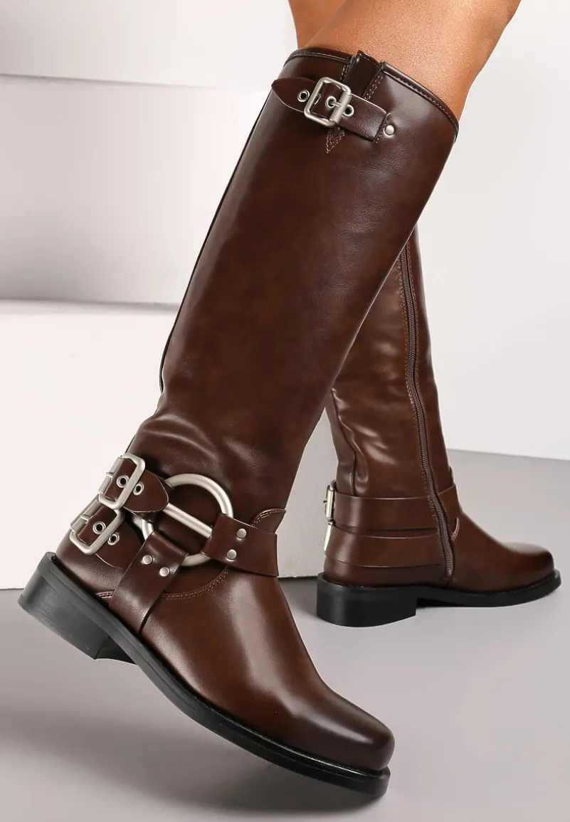 Brązowe Kozaki Biker z Kwadratowym Noskiem i Ozdobną Klamerką Verveli