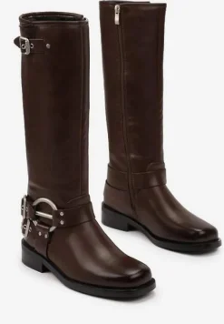 Brązowe Kozaki Biker z Kwadratowym Noskiem i Ozdobną Klamerką Verveli