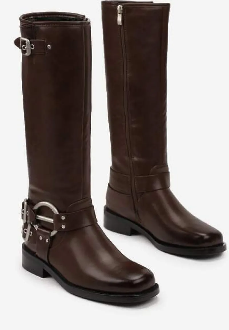 Brązowe Kozaki Biker z Kwadratowym Noskiem i Ozdobną Klamerką Verveli