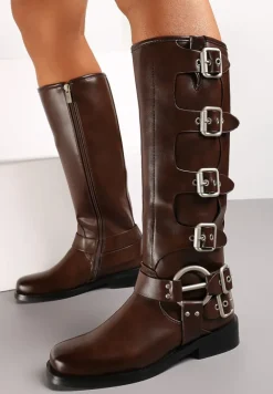 Brązowe Kozaki Biker z Ozdobnymi Klamerkami i Kwadratowym Noskiem Vivao