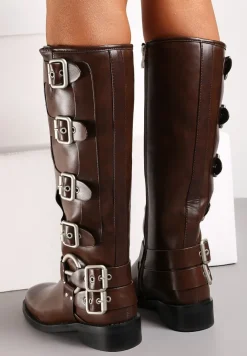 Brązowe Kozaki Biker z Ozdobnymi Klamerkami i Kwadratowym Noskiem Vivao