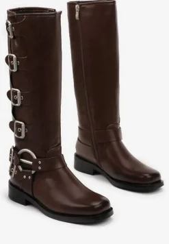 Brązowe Kozaki Biker z Ozdobnymi Klamerkami i Kwadratowym Noskiem Vivao