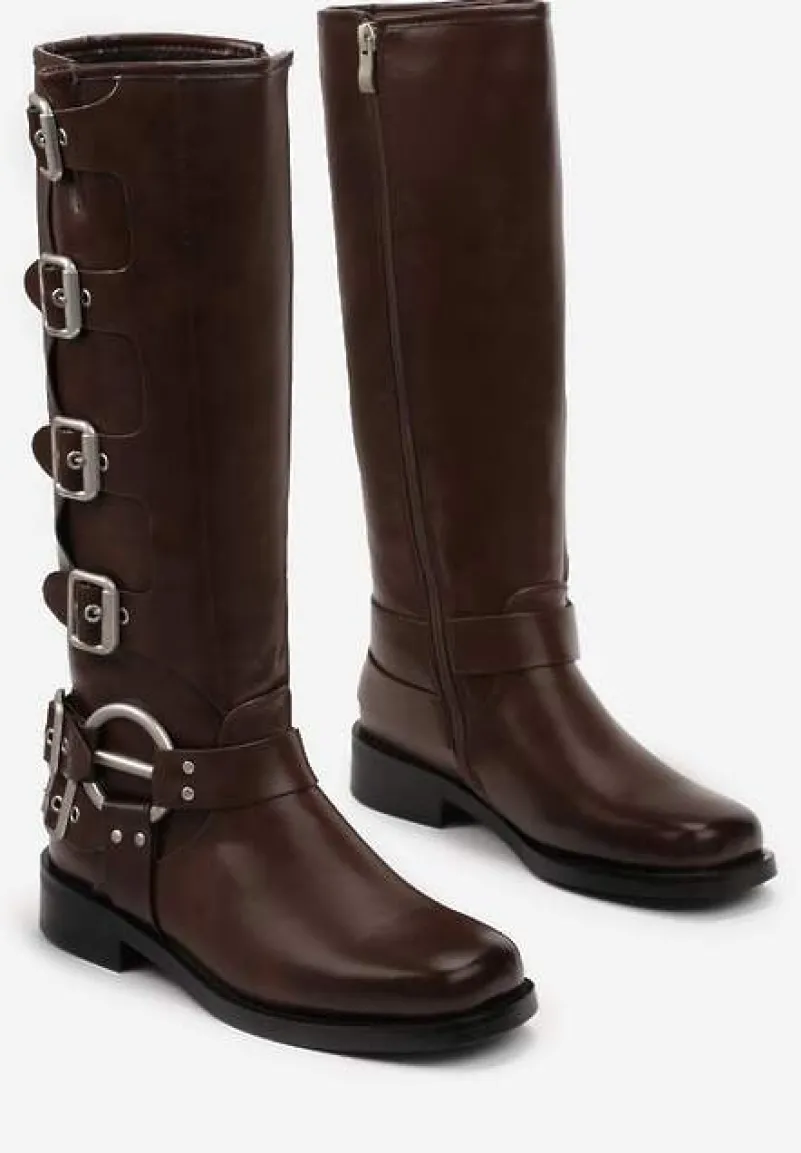 Brązowe Kozaki Biker z Ozdobnymi Klamerkami i Kwadratowym Noskiem Vivao