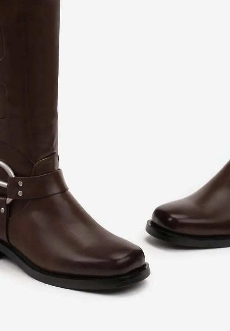 Brązowe Kozaki Biker z Ozdobnymi Klamerkami i Kwadratowym Noskiem Vivao