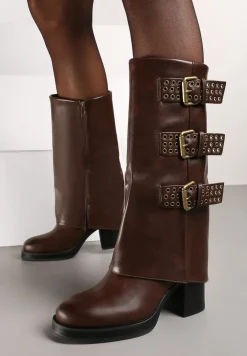 Brązowe Kozaki Bikery na Słupku Ozdobione Klamrami i Wywiniętą Cholewką Zeiarina