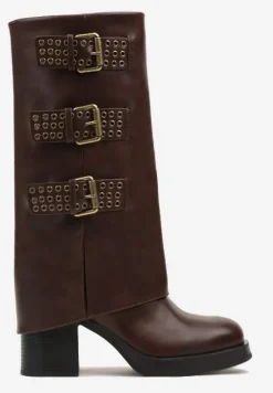 Brązowe Kozaki Bikery na Słupku Ozdobione Klamrami i Wywiniętą Cholewką Zeiarina