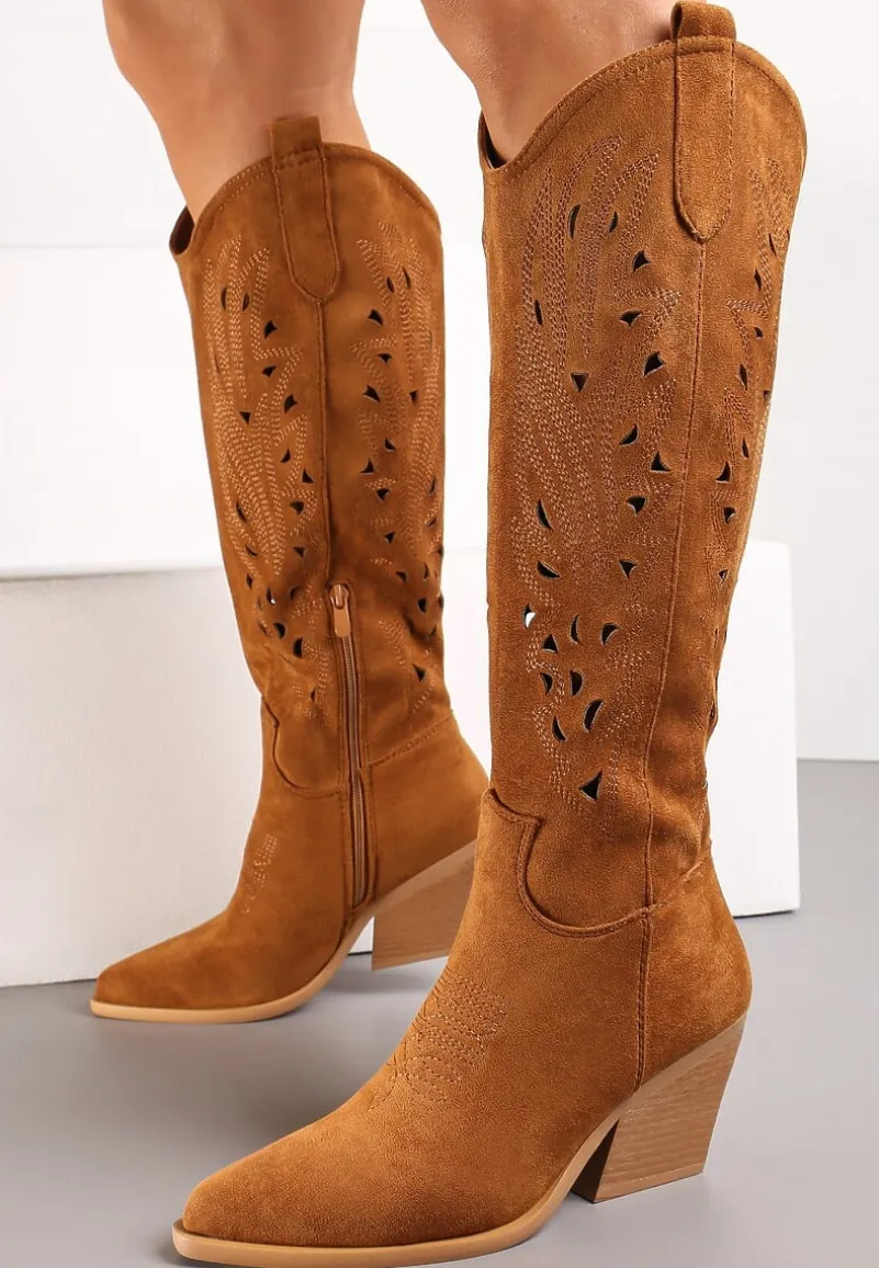 Brązowe Kozaki Kowbojki na Ściętym Słupku z Ażurową Cholewką Fenira