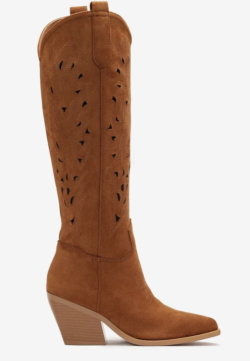 Brązowe Kozaki Kowbojki na Ściętym Słupku z Ażurową Cholewką Fenira