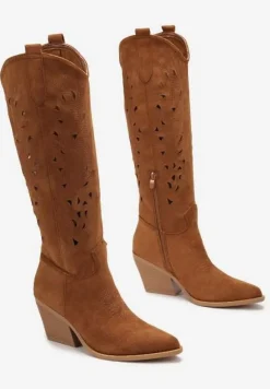 Brązowe Kozaki Kowbojki na Ściętym Słupku z Ażurową Cholewką Fenira