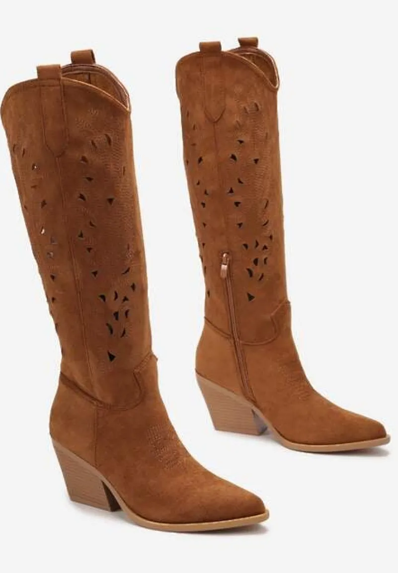 Brązowe Kozaki Kowbojki na Ściętym Słupku z Ażurową Cholewką Fenira