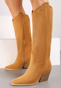 Brązowe Kozaki Kowbojki na Skośnym Słupku z Haftami Vaelissa