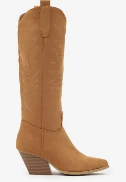 Brązowe Kozaki Kowbojki na Skośnym Słupku z Haftami Vaelissa