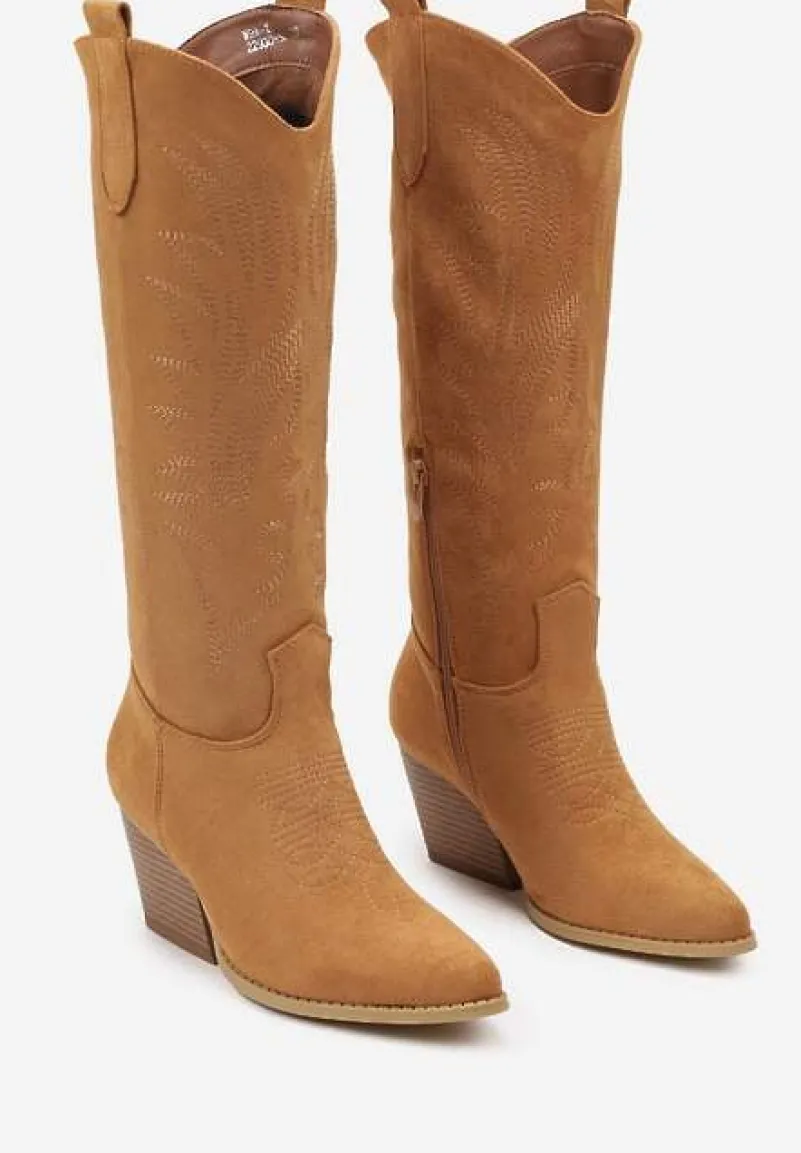 Brązowe Kozaki Kowbojki na Skośnym Słupku z Haftami Vaelissa