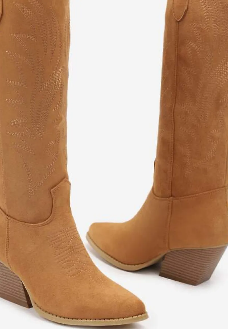 Brązowe Kozaki Kowbojki na Skośnym Słupku z Haftami Vaelissa