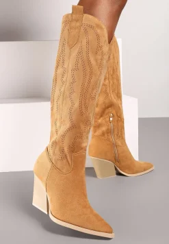 Brązowe Kozaki Kowbojki na Słupku z Ozdobnymi Przeszyciami na Suwak Tinovia