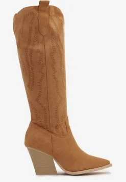 Brązowe Kozaki Kowbojki na Słupku z Ozdobnymi Przeszyciami na Suwak Tinovia