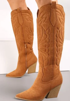 Brązowe Kozaki Kowbojki z Haftem na Stożkowym Obcasie Virve