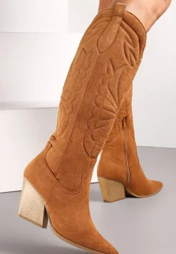 Brązowe Kozaki Kowbojki z Haftem na Stożkowym Obcasie Virve