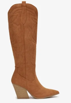 Brązowe Kozaki Kowbojki z Haftem na Stożkowym Obcasie Virve