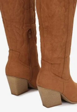 Brązowe Kozaki Kowbojki z Haftem na Stożkowym Obcasie Virve