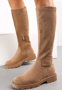 Brązowe Kozaki na Grubej Podeszwie z Imitacji Zamszu Zeodia