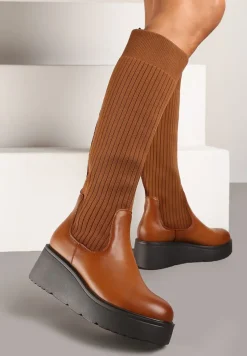 Brązowe Kozaki na Koturnie z Dopasowaną Cholewką Narizelle