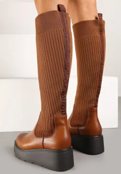 Brązowe Kozaki na Koturnie z Dopasowaną Cholewką Narizelle