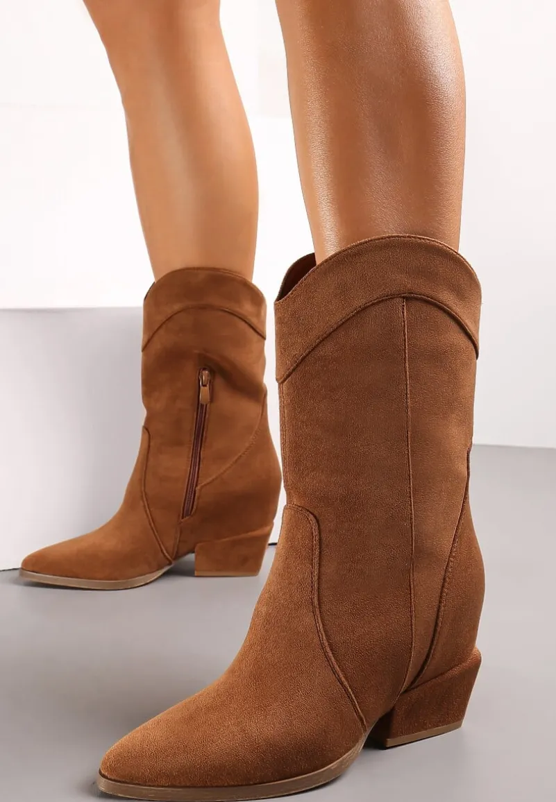 Brązowe Kozaki na Niewysokim Koturnie w Stylu Kowbojek Mones