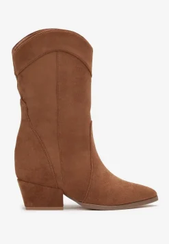 Brązowe Kozaki na Niewysokim Koturnie w Stylu Kowbojek Mones