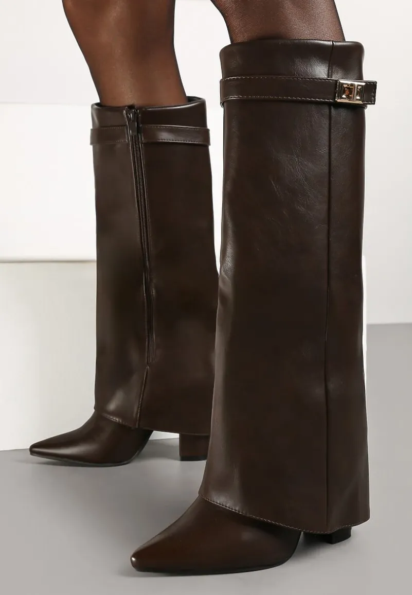 Brązowe Kozaki na Obcasie z Modnie Wywiniętą Cholewką Nartani