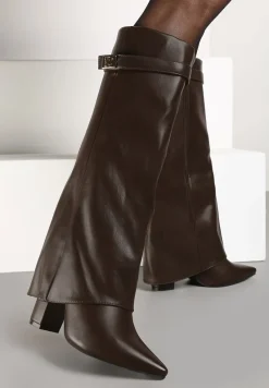 Brązowe Kozaki na Obcasie z Modnie Wywiniętą Cholewką Nartani