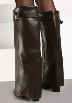 Brązowe Kozaki na Obcasie z Modnie Wywiniętą Cholewką Nartani