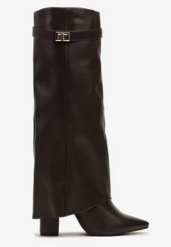 Brązowe Kozaki na Obcasie z Modnie Wywiniętą Cholewką Nartani