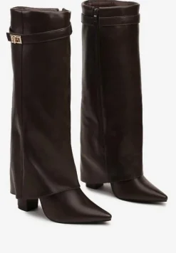 Brązowe Kozaki na Obcasie z Modnie Wywiniętą Cholewką Nartani