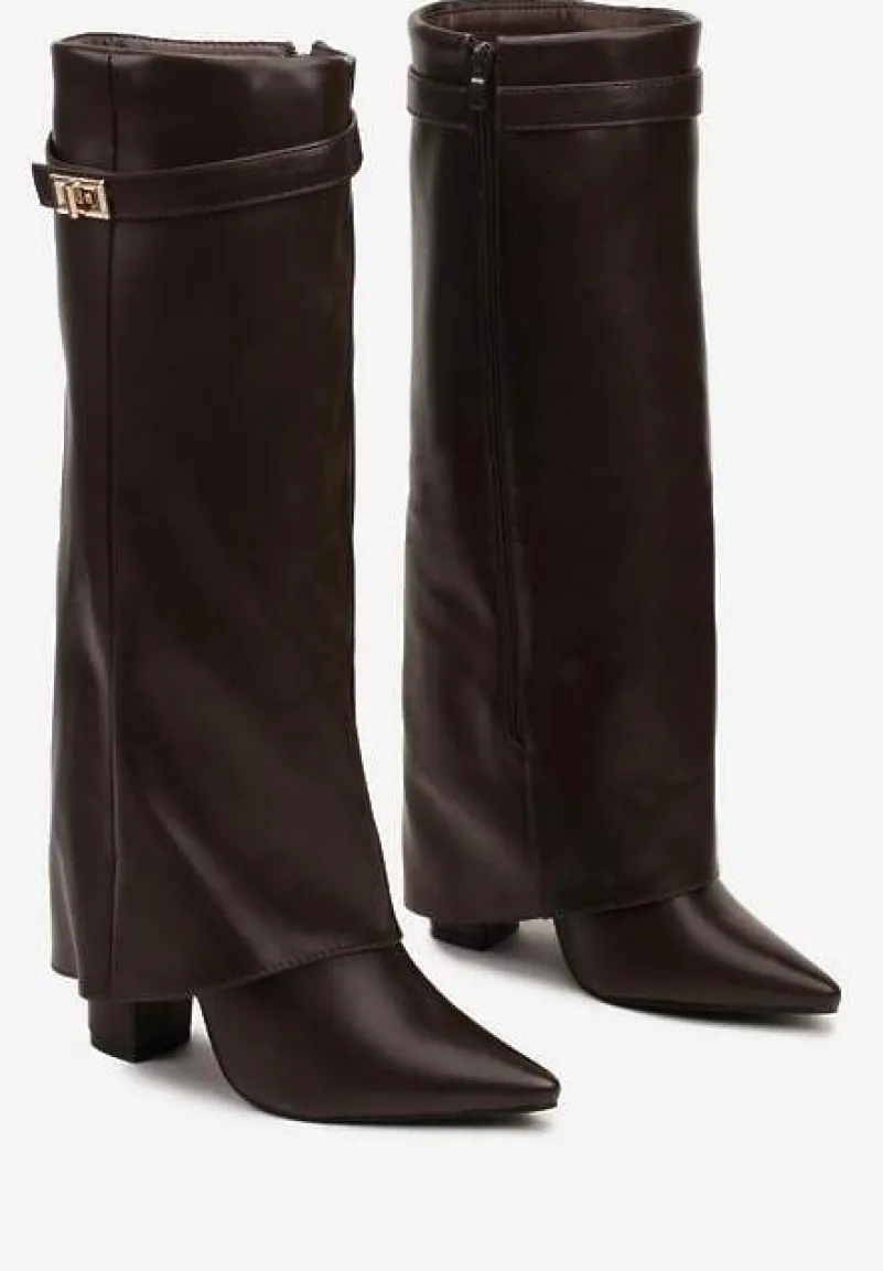 Brązowe Kozaki na Obcasie z Modnie Wywiniętą Cholewką Nartani