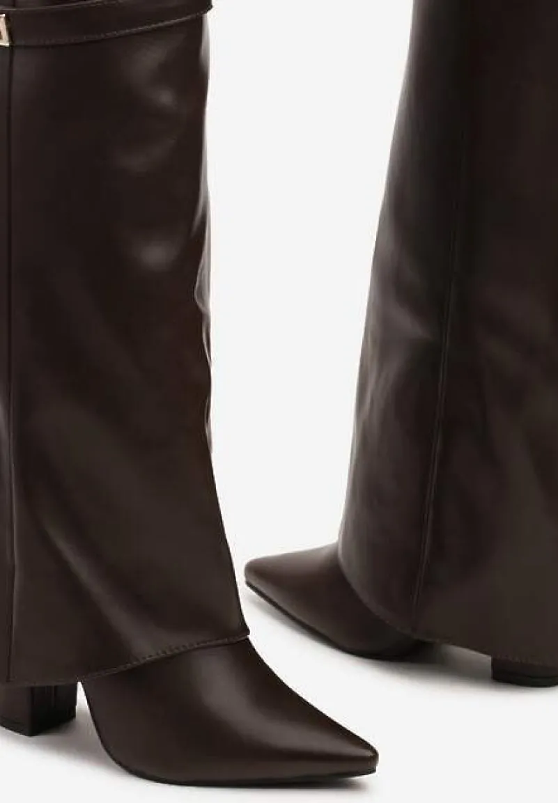 Brązowe Kozaki na Obcasie z Modnie Wywiniętą Cholewką Nartani