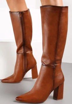 Brązowe Kozaki na Obcasie ze Szpiczastym Noskiem Geldona