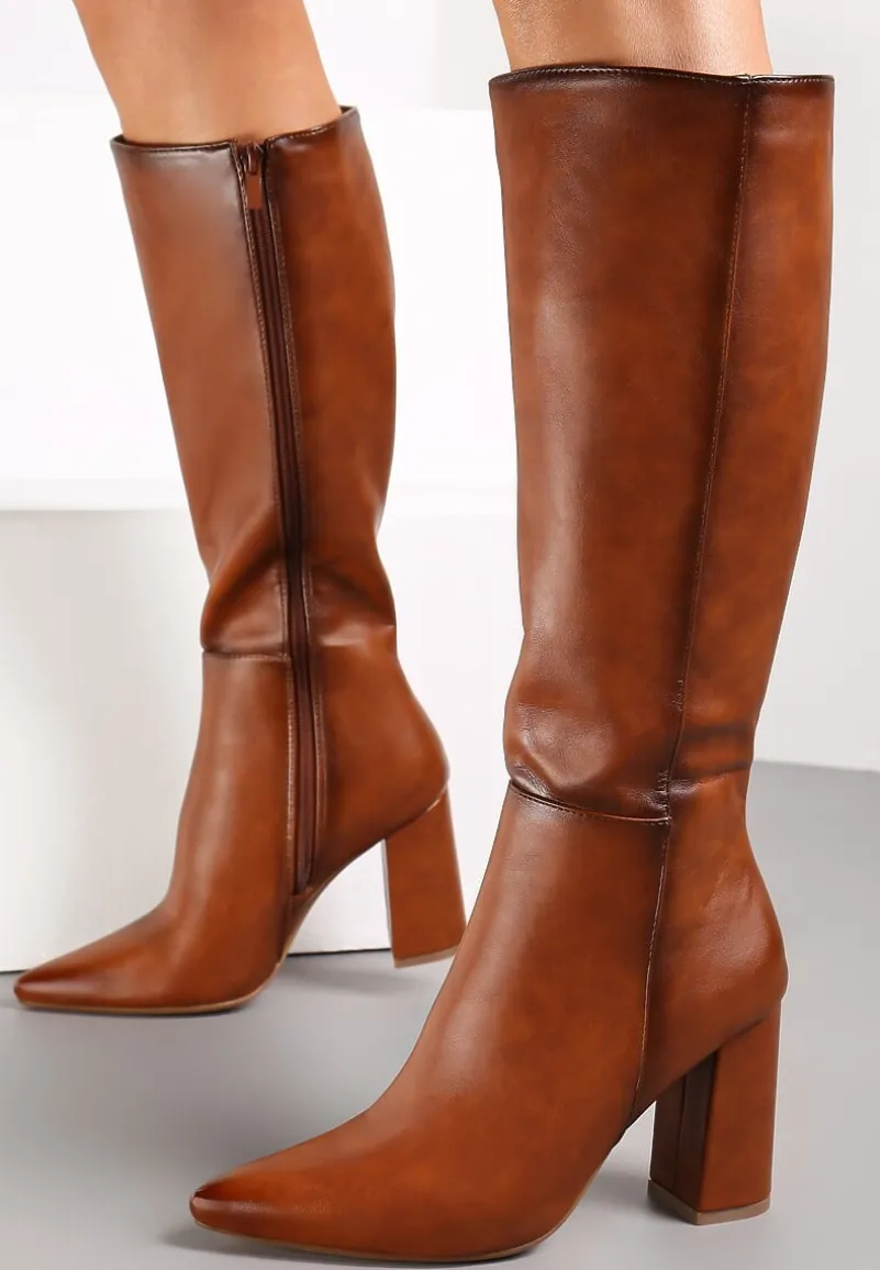 Brązowe Kozaki na Obcasie ze Szpiczastym Noskiem Geldona