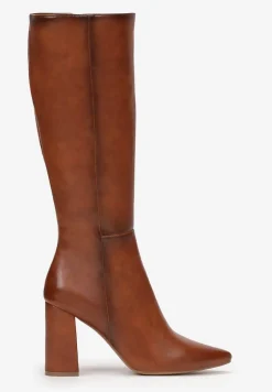 Brązowe Kozaki na Obcasie ze Szpiczastym Noskiem Geldona