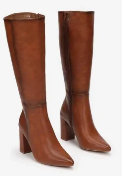 Brązowe Kozaki na Obcasie ze Szpiczastym Noskiem Geldona