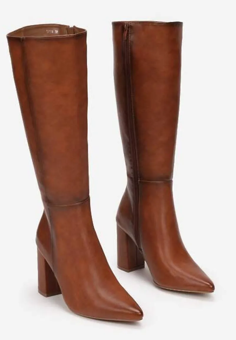 Brązowe Kozaki na Obcasie ze Szpiczastym Noskiem Geldona