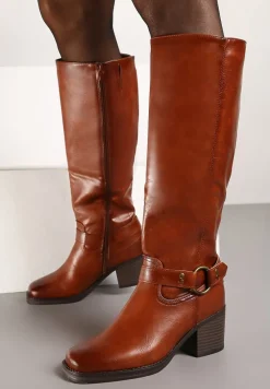 Brązowe Kozaki na Obcasie w Stylu Bikerów z Okrągłą Klamrą Eziella